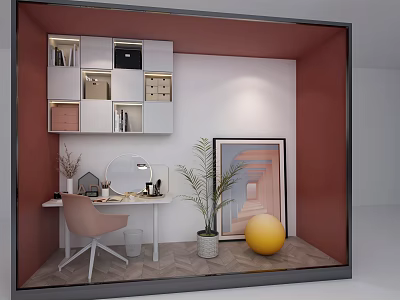 Modern Office Desk Setup With Pink Chair Table Lamp Green Plant And Wall Painting 3d model