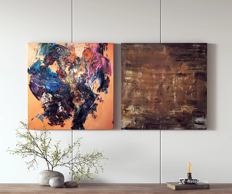 Colorful And Brown Toned Abstract Paintings On White Wall With Vase And Candle 3d model 