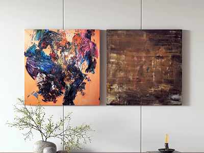 Colorful And Brown Toned Abstract Paintings On White Wall With Vase And Candle 3d model