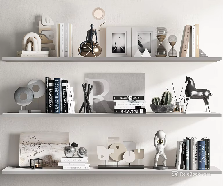 Stylish Decorative Ornament Set with Books Sculptures Photo Frames Hourglass and Plants on White Shelves 3d model 