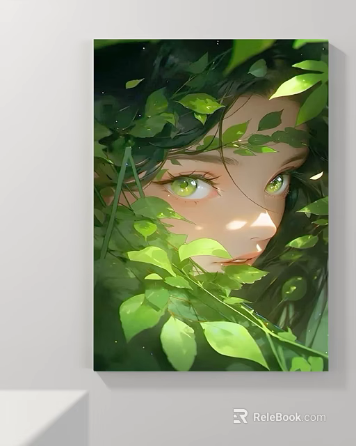 Beautiful Portrait of a Girl with Bright Green Eyes Surrounded by Green Leaves 3d model 