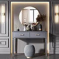 Stylish Gray Dressing Table With Round Mirror Wall Lamps And Decorative Stool 3d model