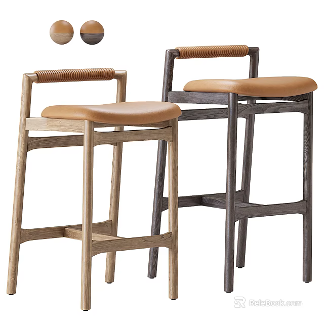 Two Modern Bar Stools With Wooden Frames Brown Leather Seats And Sturdy Design 3d model 
