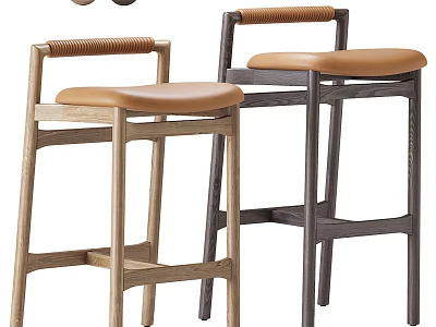 Two Modern Bar Stools With Wooden Frames Brown Leather Seats And Sturdy Design 3d model