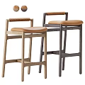 Two Modern Bar Stools With Wooden Frames Brown Leather Seats And Sturdy Design