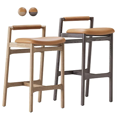 Two Modern Bar Stools With Wooden Frames Brown Leather Seats And Sturdy Design 3d model