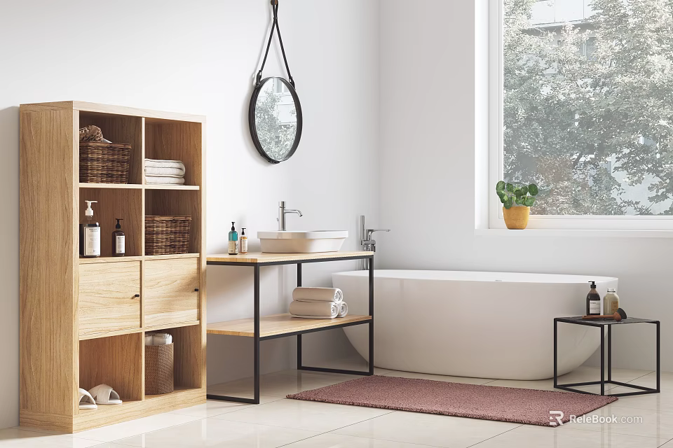 Modern Bathroom Interior With Wooden Storage Cabinet Round Mirror White Bathtub Pink Rug And Window Plant 3d model 