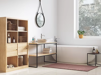 Modern Bathroom Interior With Wooden Storage Cabinet Round Mirror White Bathtub Pink Rug And Window Plant 3d model