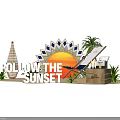 Follow The Sunset Themed Decor With Sun Shaped Structure Palm Trees And Wooden Crate