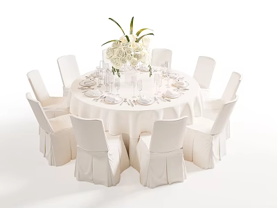 Elegant White Round Dining Table And Chairs With Tablecloth Dinnerware And Flower Arrangement 3d model