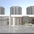 Modern Entrance Gate With Glass Curtain Walls High Rise Residential Buildings And Decorative Ground Lights