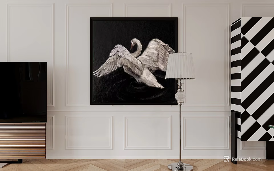 Swan Animal Painting On Black Canvas In Modern Living Room With White Wall And Floor Lamp 3d model 
