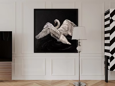 Swan Animal Painting On Black Canvas In Modern Living Room With White Wall And Floor Lamp 3d model