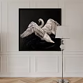 Swan Animal Painting On Black Canvas In Modern Living Room With White Wall And Floor Lamp