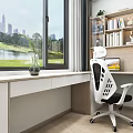 Modern Study Room With Large Window City Lake View Writing Desk Bookshelf And Ergonomic Chair