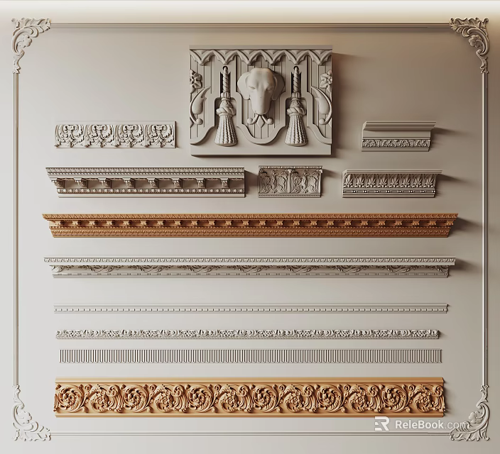 Ornamental Plaster Cornice Mouldings with Intricate Carvings Gold Accents and Decorative Patterns 3d model 