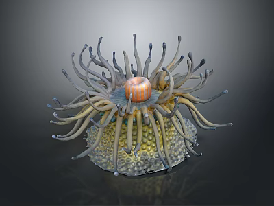 Colorful Sea Anemone With Long Tentacles Orange Center And Textured Yellow Green Base 3d model