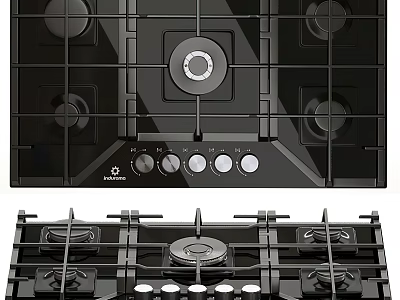 Modern Kitchen Gas Stove Appliance With Black Glass Panel Multiple Burners And Control Knobs 3d model