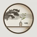Circular Wooden Frame Wall Decor Featuring Ink Tree Branch Vase Green Leaves And Small Boat