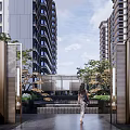 Modern Garden Landscape With Wooden Pavilion Greenery Lawn Water Feature Lounge Chairs And High-Rise Backdrop