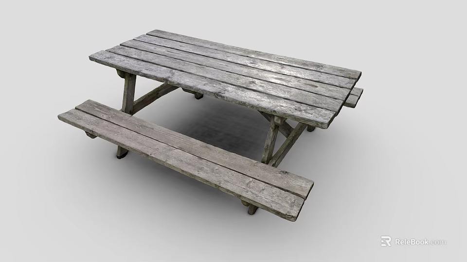 Rustic Wooden Outdoor Picnic Table With Attached Benches For Garden Use 3d model 
