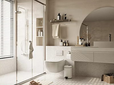 Modern Bathroom Interior With Glass Shower Enclosure Window Blinds Round Mirror Vanity And Bath Essentials 3d model