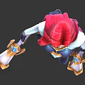 Fictional Character With Pink Long Hair Blue And White Outfit Front Back Views Holding Weapons