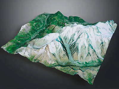 3D Mountainous Terrain Model Featuring Snow Covered Peaks And Green Vegetated Slopes 3d model