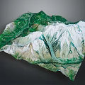3D Mountainous Terrain Model Featuring Snow Covered Peaks And Green Vegetated Slopes