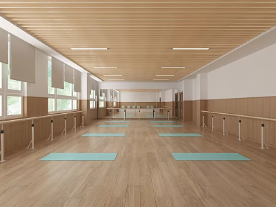 Spacious Fitness Yoga Studio With Wooden Floor Blue Mats Barres And Windows 3d model