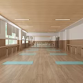 Spacious Fitness Yoga Studio With Wooden Floor Blue Mats Barres And Windows