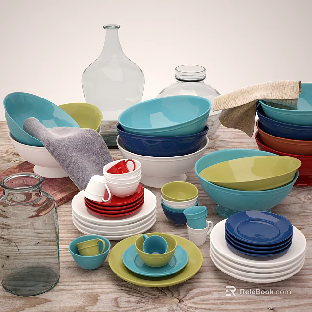 Colorful Tableware Set with Assorted Bowls Plates Cups Glass Vases and Cloth Napkins 3d model 