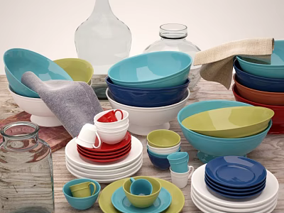 Colorful Tableware Set with Assorted Bowls Plates Cups Glass Vases and Cloth Napkins 3d model