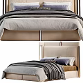 Double Bed with Upholstered Tufted Headboard Neutral Gray Beige Bedding Decorative Pillows and Throw Blanket
