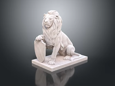 Detailed White Marble Sitting Lion Statue With Shield On Square Base 3d model
