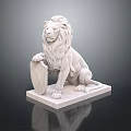 Detailed White Marble Sitting Lion Statue With Shield On Square Base 3d model