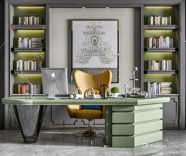 Luxury Green Office Desk With Apple Computer Yellow Chair Bookshelves And Decorative Painting 3d model 