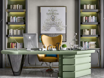 Luxury Green Office Desk With Apple Computer Yellow Chair Bookshelves And Decorative Painting 3d model