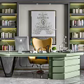 Luxury Green Office Desk With Apple Computer Yellow Chair Bookshelves And Decorative Painting