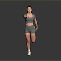 A Woman Stretching In Gray Sportswear Lifting Leg Against Gray Background And White Green Sneakers