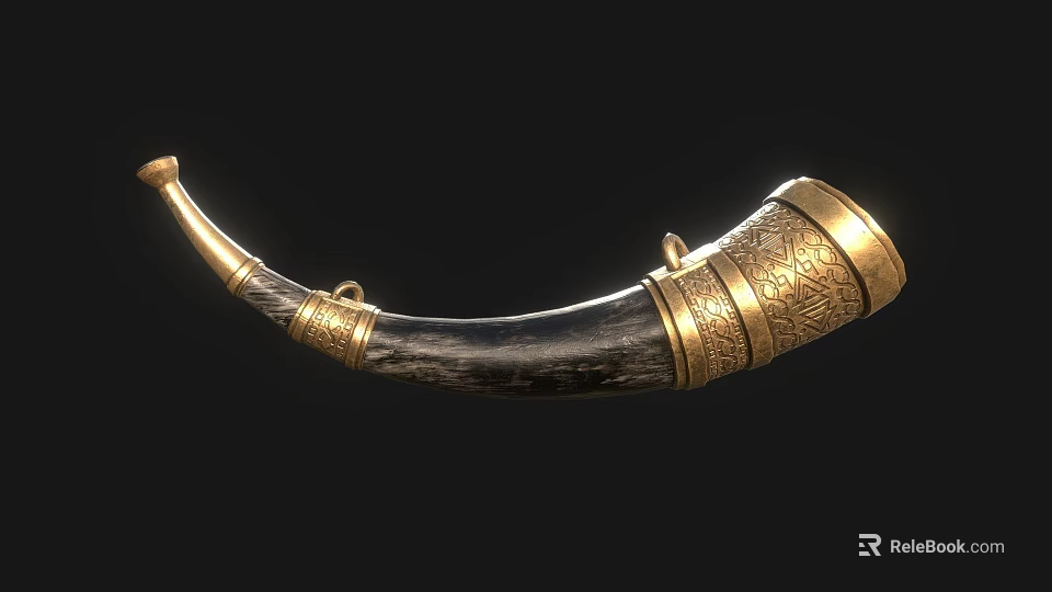 Traditional Handcrafted Musical Horn With Black Body And Golden Carved Patterns 3d model 
