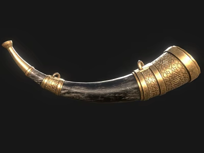 Traditional Handcrafted Musical Horn With Black Body And Golden Carved Patterns 3d model