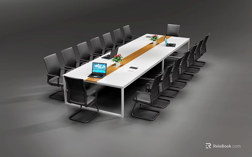 Modern Office Conference Table With Black Ergonomic Chairs Laptop And Floral Centerpiece 3d model 