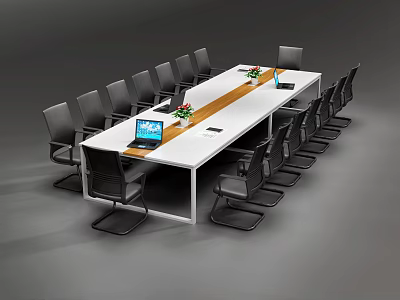 Modern Office Conference Table With Black Ergonomic Chairs Laptop And Floral Centerpiece 3d model