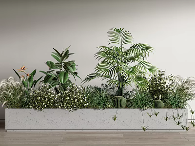 Bonsai Potted Plants in Long Rectangular Planter with Palm Succulents White Flowers Hanging Vines 3d model