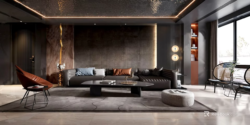Luxurious Modern Living Room Interior With Dark Leather Sofa And Wooden Wall Panel 3d model 