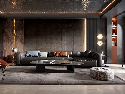 Luxurious Modern Living Room Interior With Dark Leather Sofa And Wooden Wall Panel 3d model