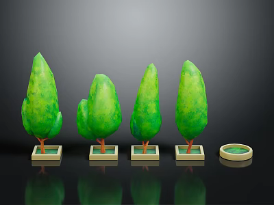 Green Conical Potted Plants in Square Pots with Round Empty Pot Dark Background and Reflection 3d model