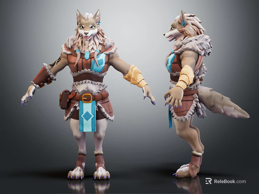 3D Wolf Creature Character With Two Views Brown Leather Armor Blue Accents Tail And Claws 3d model 