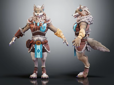 3D Wolf Creature Character With Two Views Brown Leather Armor Blue Accents Tail And Claws 3d model